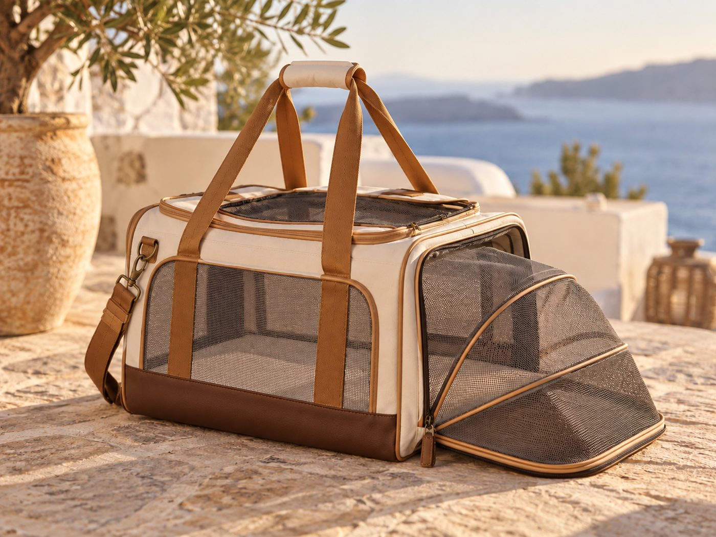 Mock-up of the Crazy Daisy lightweight cabin dog carrier, 45 x 28 x 23 cm, in cream with tan trim, with the side panel zipped out