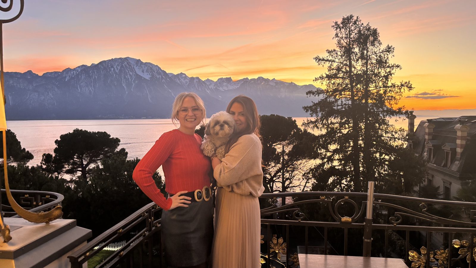 Sunset over Lake Geneva from the hotel terrace in Montreux on Christmas Day