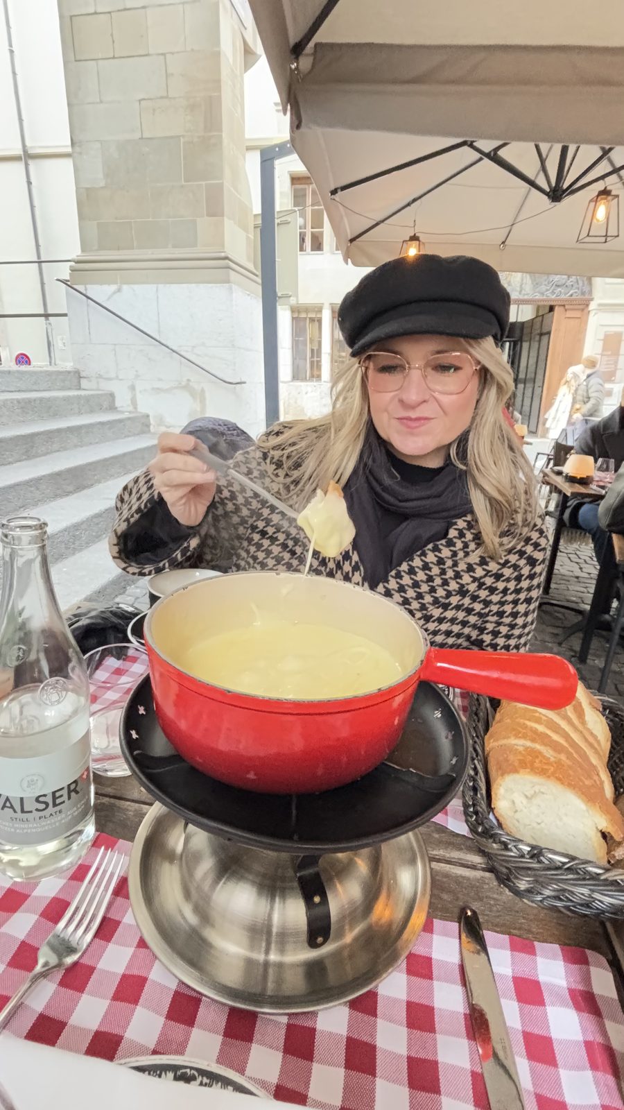 Auntie Cheryl and a fondue on a terrace in Geneva