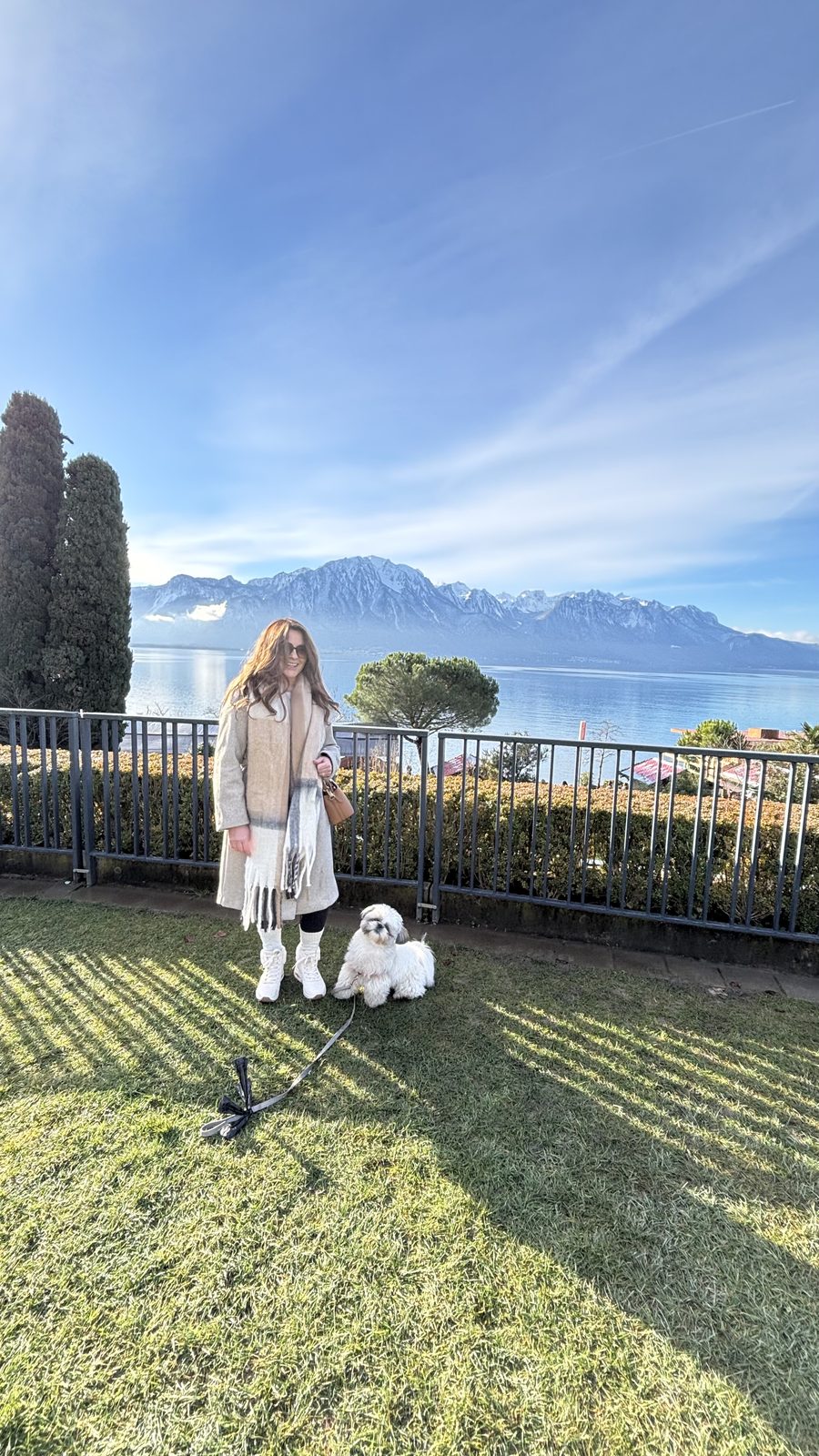 Pam and Daisy above Lake Geneva in Montreux with the Alps behind them