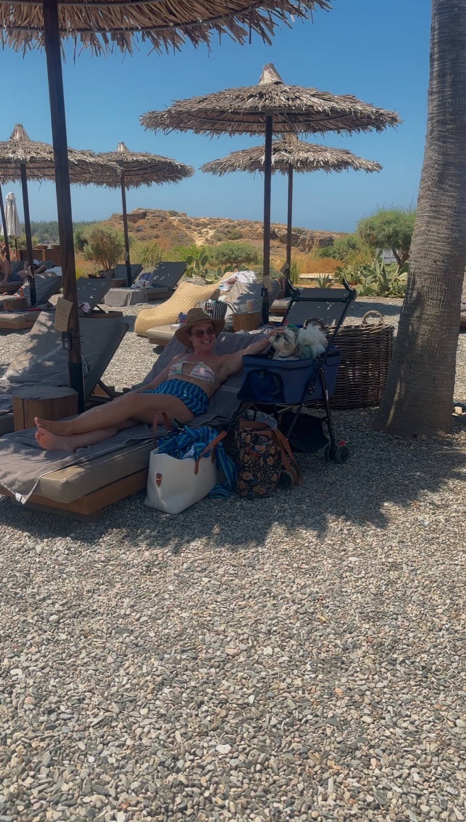 Daisy in her stroller by the loungers at Domes Zeen Chania pet-friendly resort